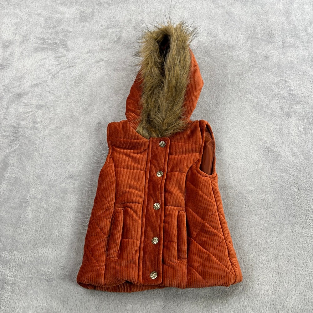 Nicole Miller Corduroy Puffer Vest 2T Orange Women Faux Fur Hood Quilted Zip